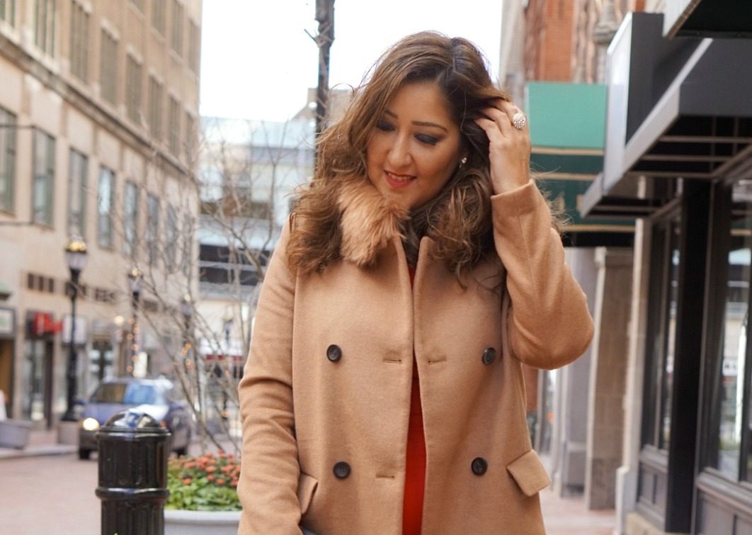 red dress camel coat Women's Get to It Camel Textured Woven Tailored Double-Breasted Topcoat | Color: Tan | Size: M