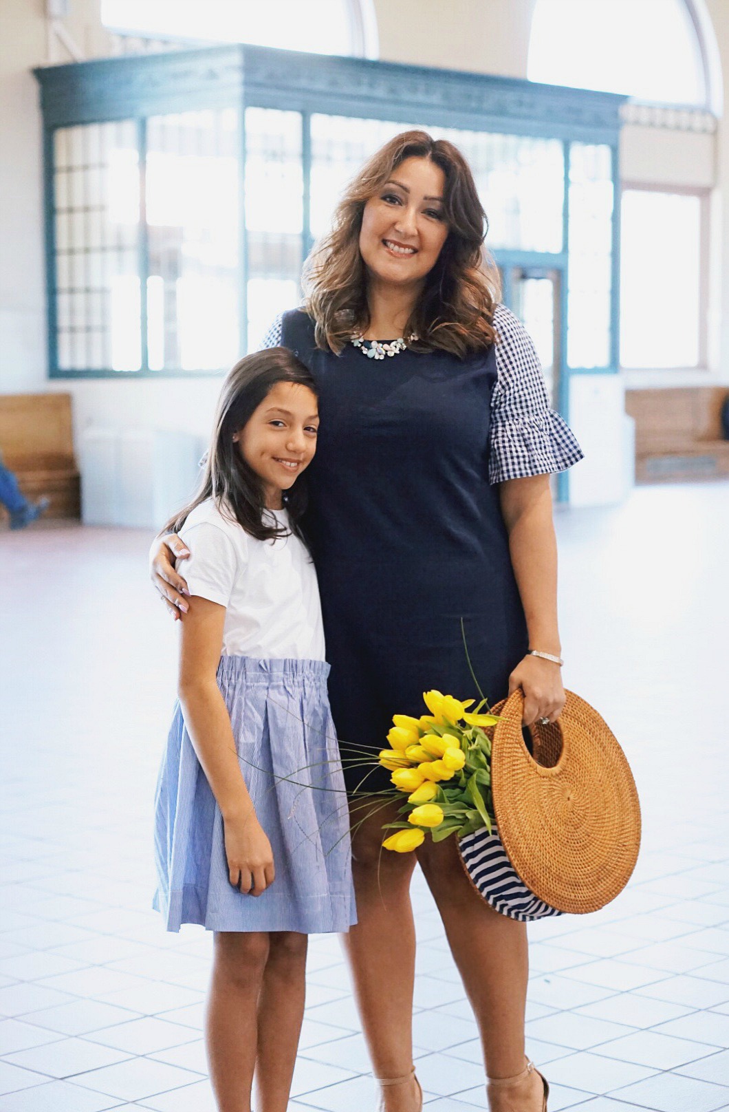 Mom and daughter outing. Navy gingham dress and mixed fabric girls' dress.