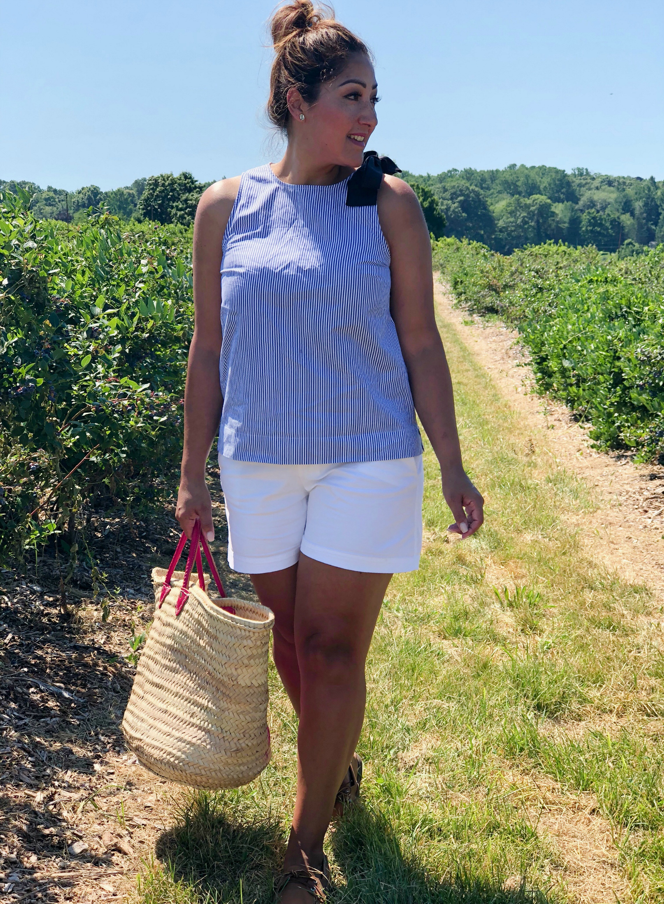 Casual summer outfit for picking blueberries.