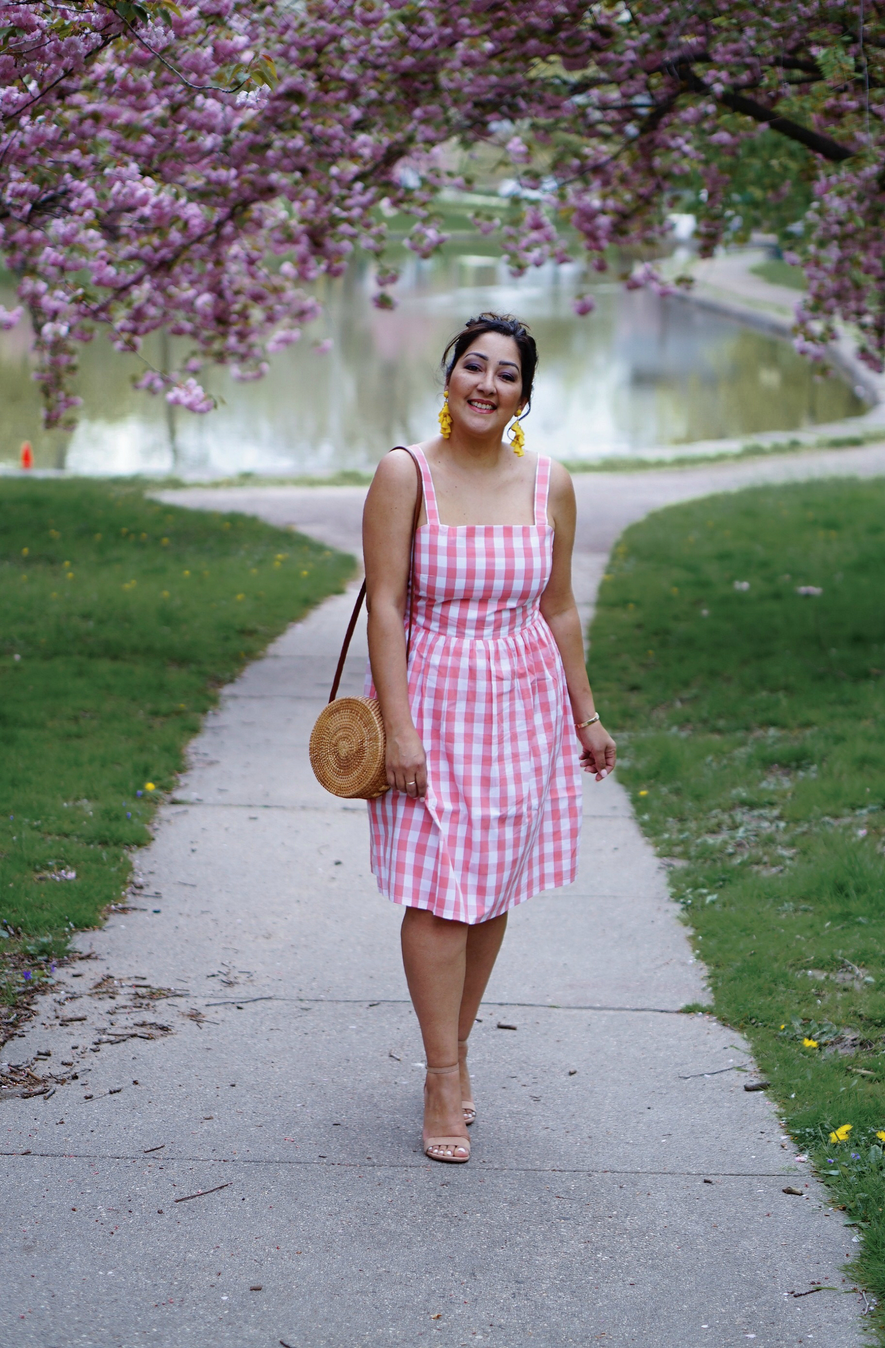 Pink gingham spring dress.